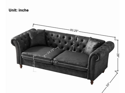 Chesterfield Sofa, High Tech Fabric Roll Armrest, 3 Seater Mid Century Modern Couch - Black
