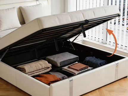 Upholstered Platform Bed Frame With Adjustable LED Headboard, USB C-Charging, Hydraulic Lift