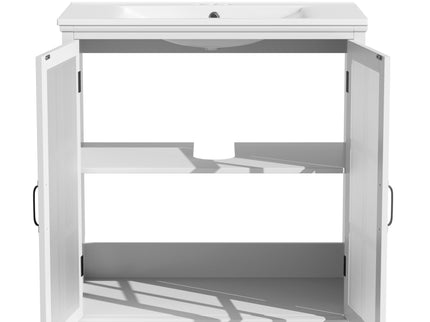 Modern Bathroom Vanity With Ceramic Sink, Tempered Blurred Glass Doors
