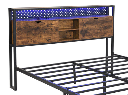 Modern Metal Platform Bed Frame With Wooden Headboard, USB Charging Station, Storage Drawers
