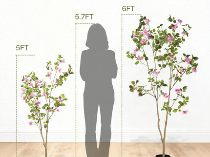 Artificial Bougainvillea Tree With Pot, Realistic Faux Flowering Plant Leaves And Blooms, Decor For Home Office - Green Leaves / Pink