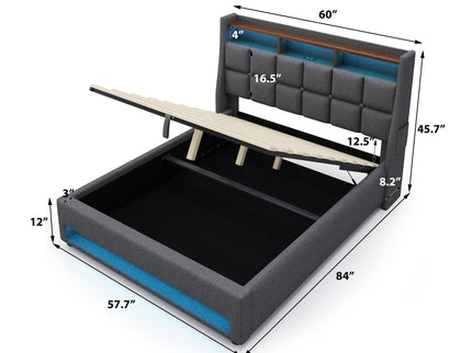 Platform Bed With Hydraulic Storage, LED Lighting & Charging Station