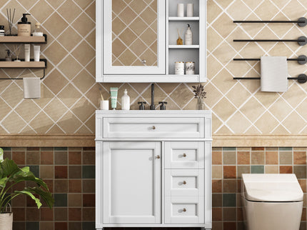 Bathroom Vanity With Top Sink, 2 Doors And 3 Drawers, Freestanding Set With Mirror Cabinet