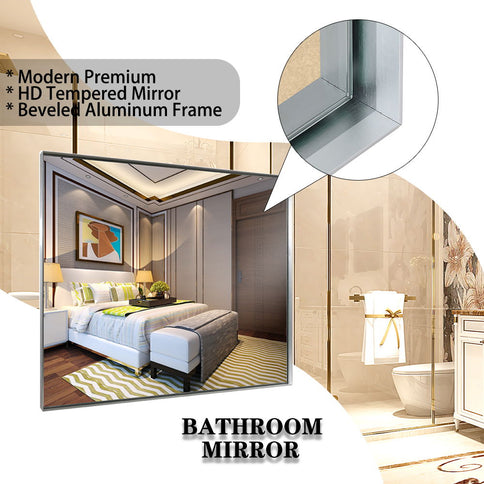 48X30" Wall Mounted Bevel Wall Mirror For Bathroom Silver Metal Frame Decorative Rectangular Home Decor Corner Hangs Farmhouse Mirror (Horizontal & Vertical) - Silver