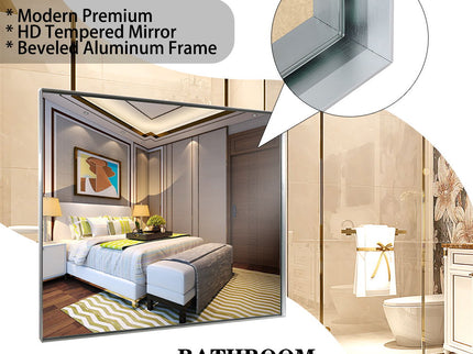 40X30" Silver Rectangular Wall-Mounted Beveled Bathroom Mirror, Square Angle Metal Frame Wall Mounted Bathroom Mirrors For Wall (Horizontal & Vertical) - Silver