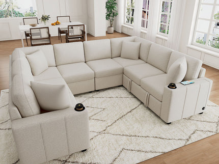 Modern U-Shaped Sectional Sofa Convertible Pull-Out Sofa Bed With USB Ports And Cup Holders