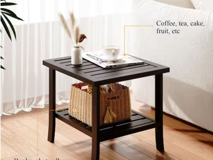 Square 2 Tier All-Weather Outdoor Side Table With Slatted Top