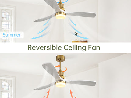 52" Ceiling Fan With Dimmable LED Light, 3 Blades, DC Motor, Remote Control - Gold