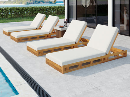 Premium Acacia Wood Lounge Chaise Set With Water Resistant Cushions, Adjustable Recline - Cream / Teak
