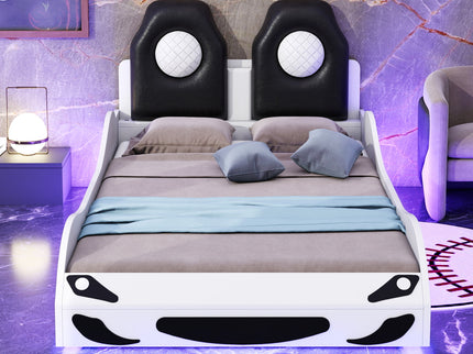 Race Car Shaped Platform Bed With LED And Upholstered Backrest In