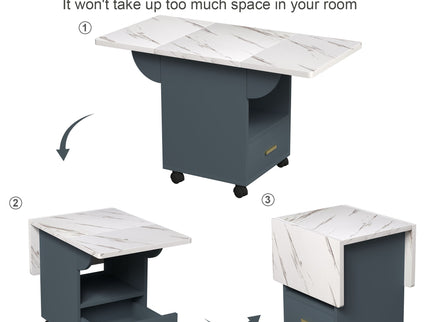 Versatile Wood Folding Dining Table With Wheels, Storage Rack & Drawer, Space Saving Design - White