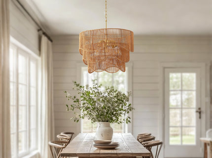 Chandelier With 7 Light E26 Base, Adjustable Height Wave Pendant Light For Living Room - Gold