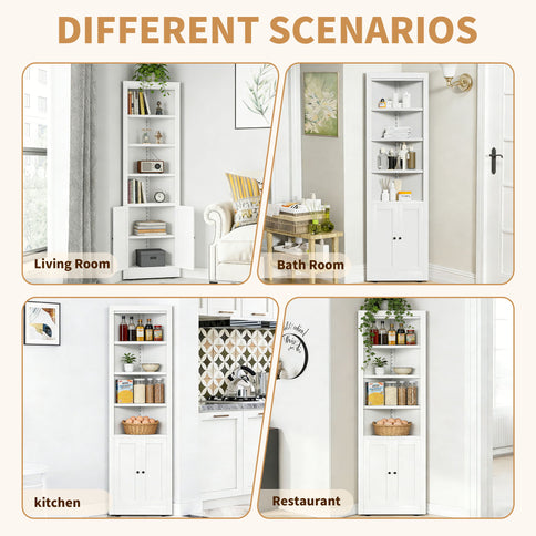 Tall Corner Storage Cabinet With 2 Doors, 5-Tier With Adjustable Shelves, Freestanding - White