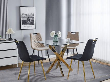 Dining Table With Cross Metal Leg And Tempered Glass, Modern Space Saving Kitchen Table For Living Room Legs, Square Table