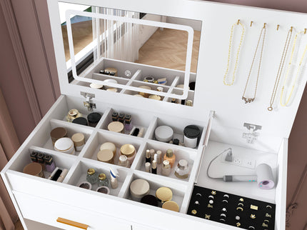 Flip Top Vanity Desk With LED Mirror & Outlet Makeup Table With 2 Drawers, Open Storage, And Jewelry Hooks - White