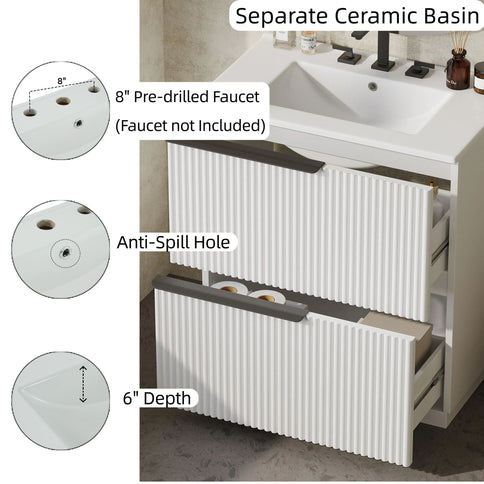 Fluted Bathroom Vanity With Ceramic Sink, Freestanding Cabinet