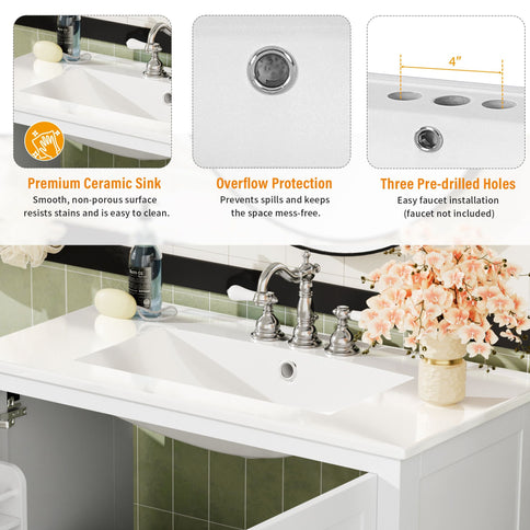Bathroom Vanity With Sink, Soft Close Doors, Double Shelves & Divided Drawer