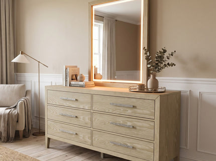 Adeline - 6 Drawers Dresser & Mirror With Jewelry Box & LED Light - Natural Wood Wash