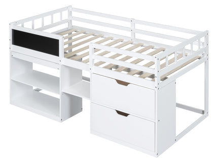 Low Loft Bed With Rolling Desk, Shelf And Drawers