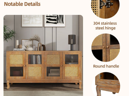 Retro Industrial 4 Door Sideboard With Large Storage, Rattan And Glass Doors