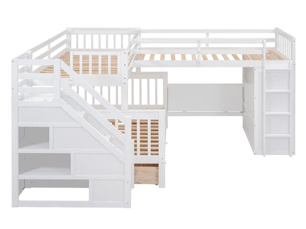 L Shaped Bunk Bed With 3 Drawers, Portable Desk And Wardrobe