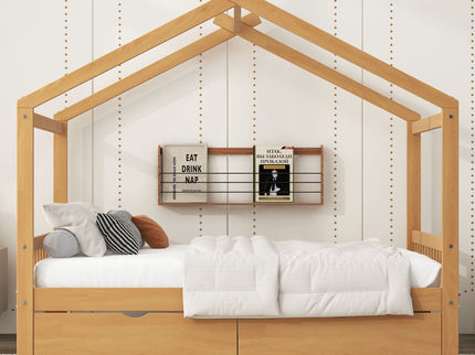 House Style Platform Bed With Headboard, Footboard, 2 Drawers, And Roof Design