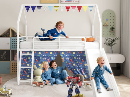 Jack - House Loft Bed With Slide And Curtain Set