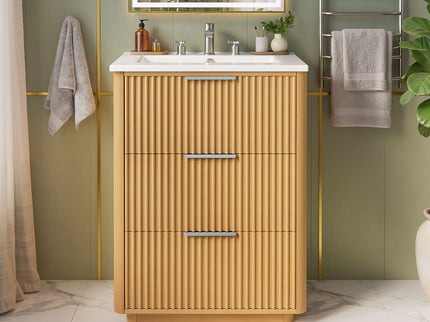 Bathroom Vanity With Sink, Open Shelf & Closed Storage - Natural Wood
