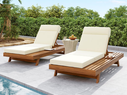 Acacia Wood Lounge Chaise Set With Headrest And Water Resistant Cushions - Beige