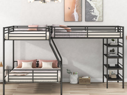 L-Shaped Twin Over Full Bunk Bed And Twin Loft Bed With 4 Built In Shelves - Black