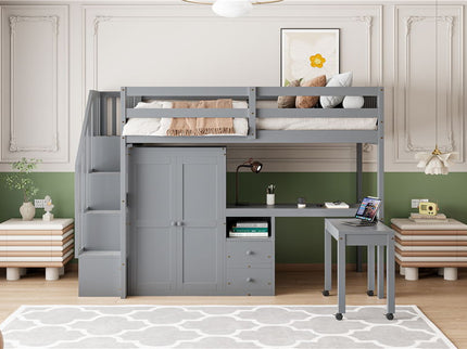 Loft Bed With Stairs, Bookshelf, Drawers, Desk & Wardrobe, Space Saving Multifunctional Furniture