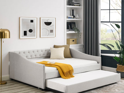 Upholstered Tufted Daybed With Drawers, Waved Arms