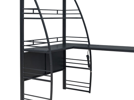 Loft Bed With 4 Layers Of Shelves And L-Shaped Desk, Stylish Metal Frame Bed With A Set Of Sockets, USB Ports And And Wireless Charging