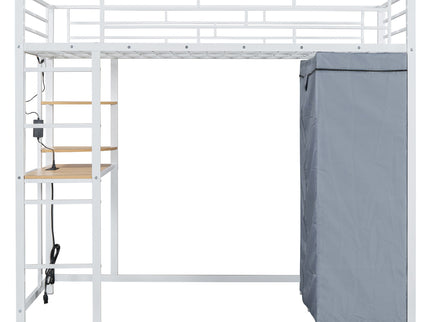 Loft Bed With Desk, Shelves, Power Outlet, LED Light And Wardrobe