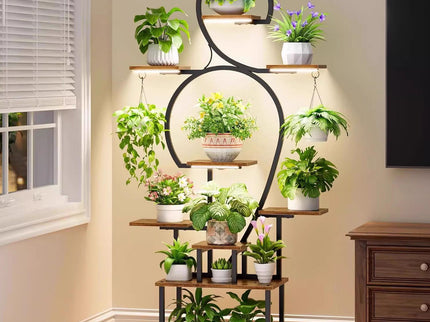 Plant Stand Indoor With Grow Light, 9 Tiered 63" Tall Indoor Plant Shelves For Multiple Plants - Walnut / Black