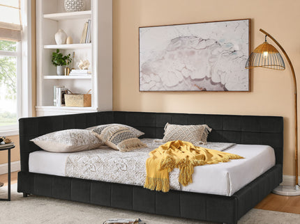 Mid-Century Storage Upholstered Tufted Bed Frame With Backrest And Armrests