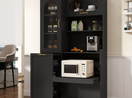 Tall Freestanding Kitchen Pantry Cabinet With Arched Glass Door