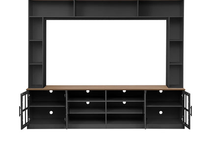 Wall Unit Entertainment Center With Bookshelves For TVs Up To 80", Tempered Glass Doors And Adjustable Shelves