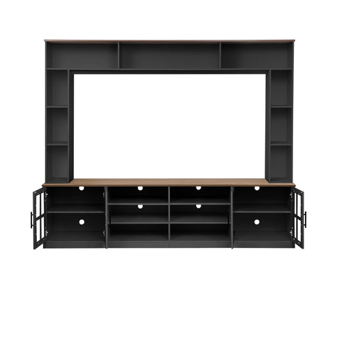 Wall Unit Entertainment Center With Bookshelves For TVs Up To 80", Tempered Glass Doors And Adjustable Shelves