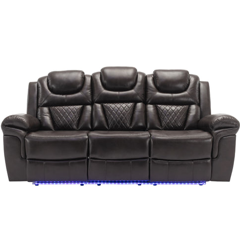 3 Pieces Recliner Sofa Sets Home Theater Seating Manual Recliner Chair & Center Console And LED Light Strip For Living Room - Brown