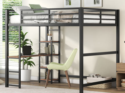 Loft Bed With Built In Desk And Storage Shelves, Full Size - Black