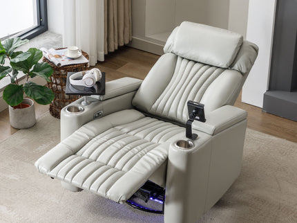 270° Power Swivel Recliner Home Theater Chair With Hidden Arm Storage, LED Light, Cup Holder, And Tray Table
