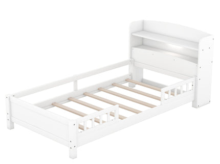Wood Platform Bed With Built In LED Light, Storage Headboard And Guardrail