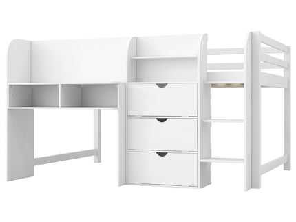 Low Loft Bed With Built In Desk, Storage Cabinets, Open Bookcase And Doodle board