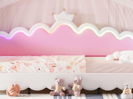Extending Daybed With LED Lights, Modern Upholstered Princess Daybed With Crown Headboard