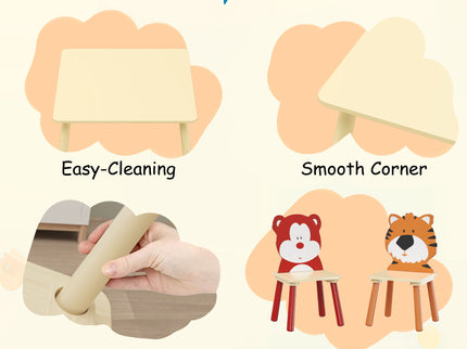 Table And 2 Chairs Set, Activity Play Table Set With Bear & Tiger Design - Natural