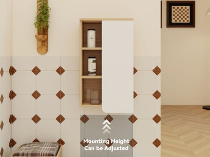 Wall Mounted Bathroom Side Cabinet, Single Door With 3 Tier Open Shelves - Black / Light Oak / White