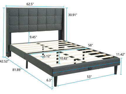 Queen Size Upholstered Platform Bed Frame With Button Tufted Linen Fabric Headboard - Dark Gray