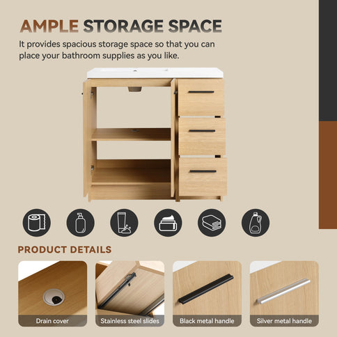 Freestanding Bathroom Vanity Set With Tall Linen Cabinet, 3 Drawers And Large Storage, Single Sink