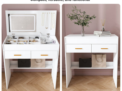 Flip Top Vanity Desk With LED Mirror & Outlet Makeup Table With 2 Drawers, Open Storage, And Jewelry Hooks - White